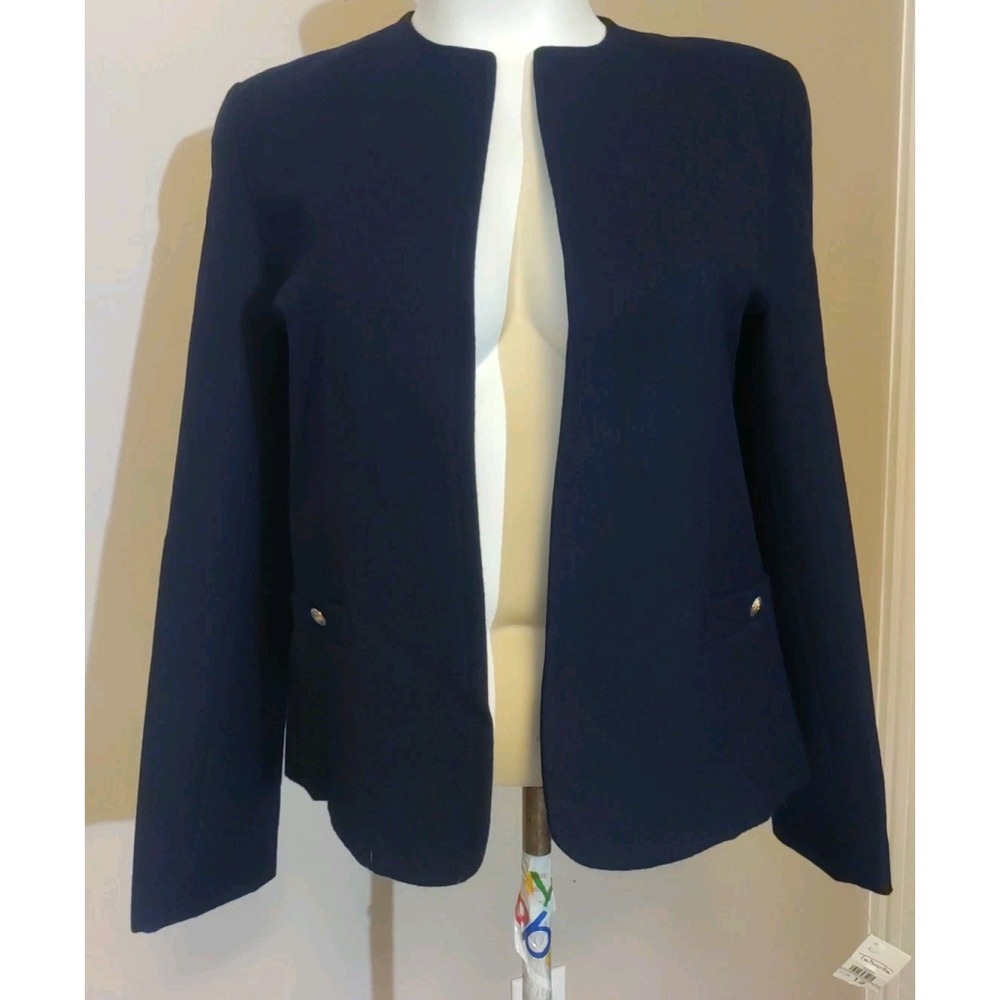 Talbots Navy Blue Wool Open Cardigan Pockets Gold Tone Button Blazer Size 12